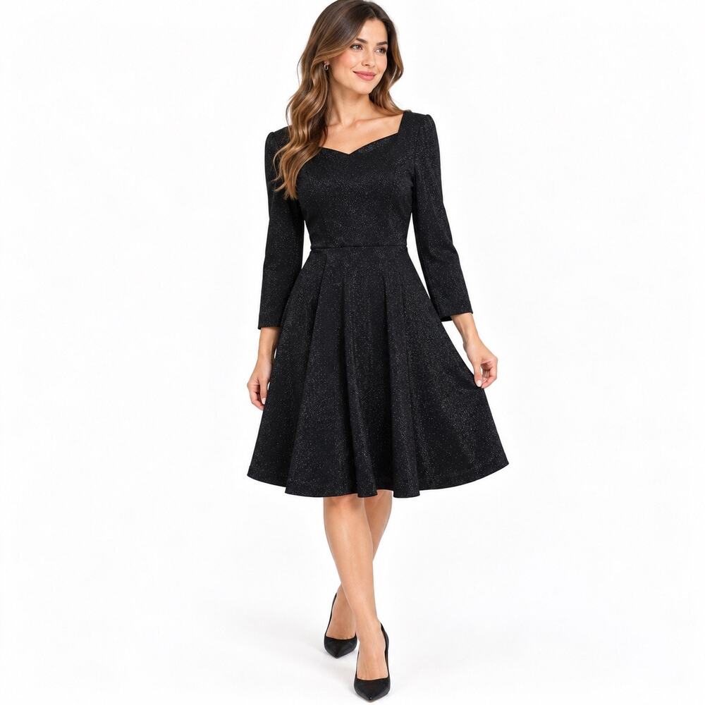 Kate Spade Black Metallic Fit & Flare Dress Size 6 3/4 Sleeve Party Cocktail